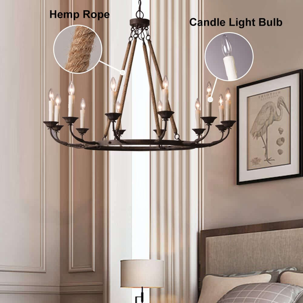 Rustic Metal Candle-Style Chandelier with Hemp Rope and Adjustable Chain