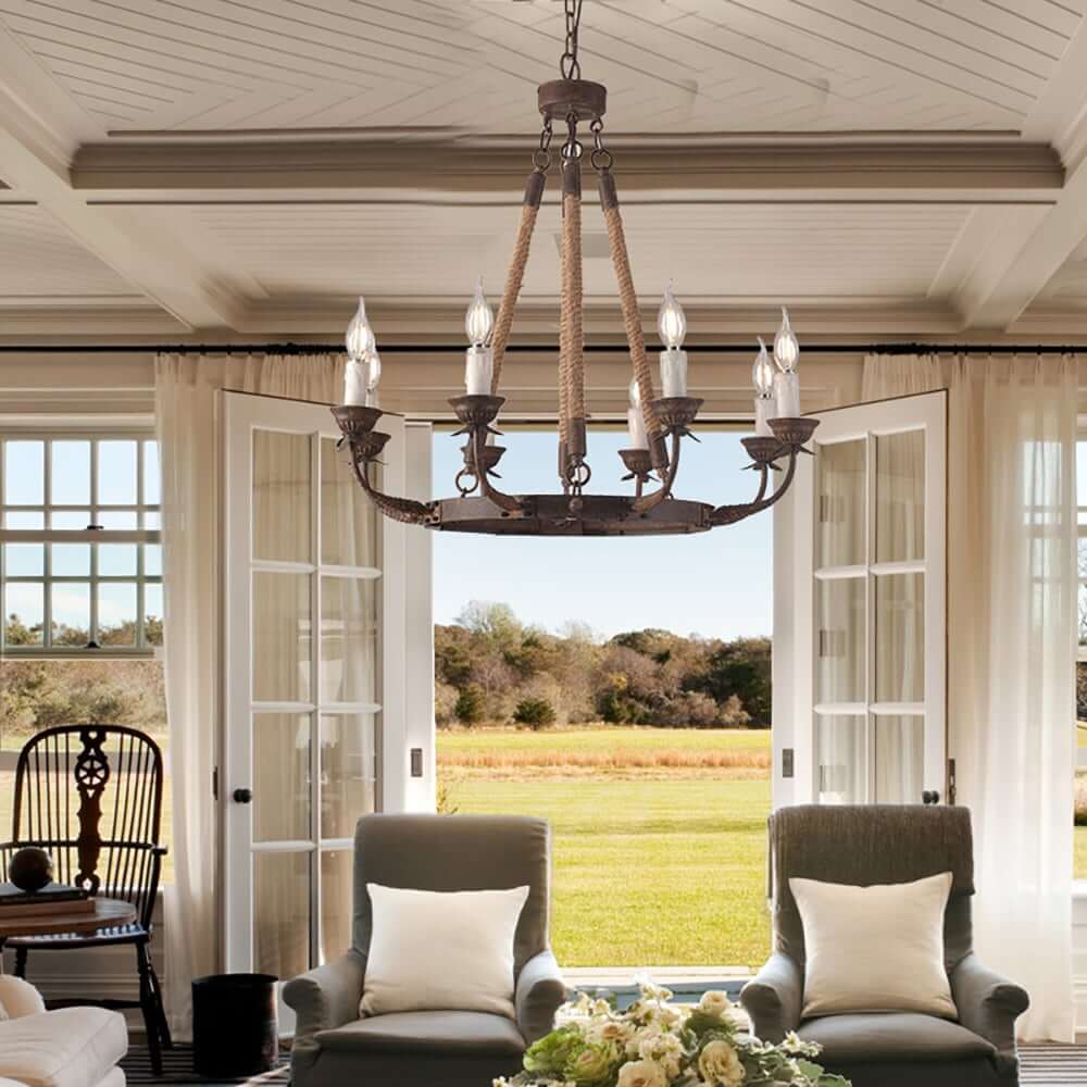 Rustic Metal Candle-Style Chandelier with Hemp Rope and Adjustable Chain