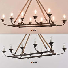 Rustic Metal Candle-Style Chandelier with Hemp Rope and Adjustable Chain