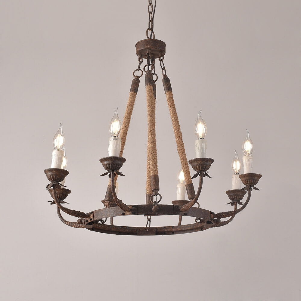 Rustic Metal Candle-Style Chandelier with Hemp Rope and Adjustable Chain