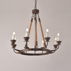 Rustic Metal Candle-Style Chandelier with Hemp Rope and Adjustable Chain