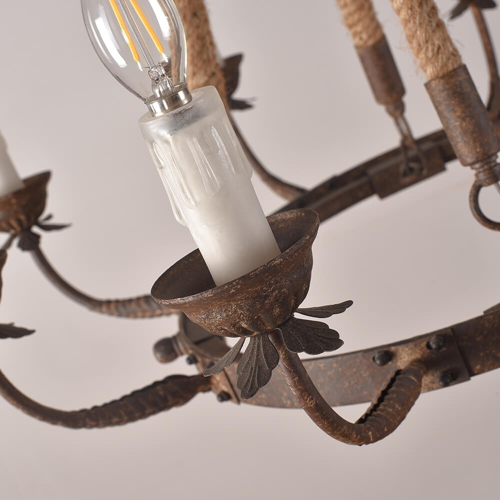 Rustic Metal Candle-Style Chandelier with Hemp Rope and Adjustable Chain