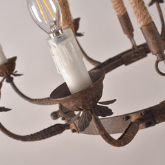 Rustic Metal Candle-Style Chandelier with Hemp Rope and Adjustable Chain