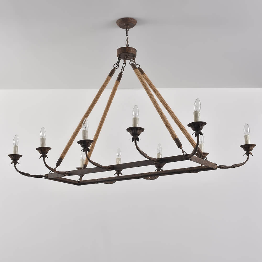 Rustic Metal Candle-Style Chandelier with Hemp Rope and Adjustable Chain