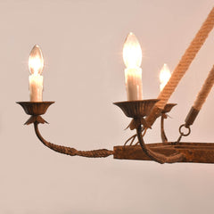 Rustic Metal Candle-Style Chandelier with Hemp Rope and Adjustable Chain