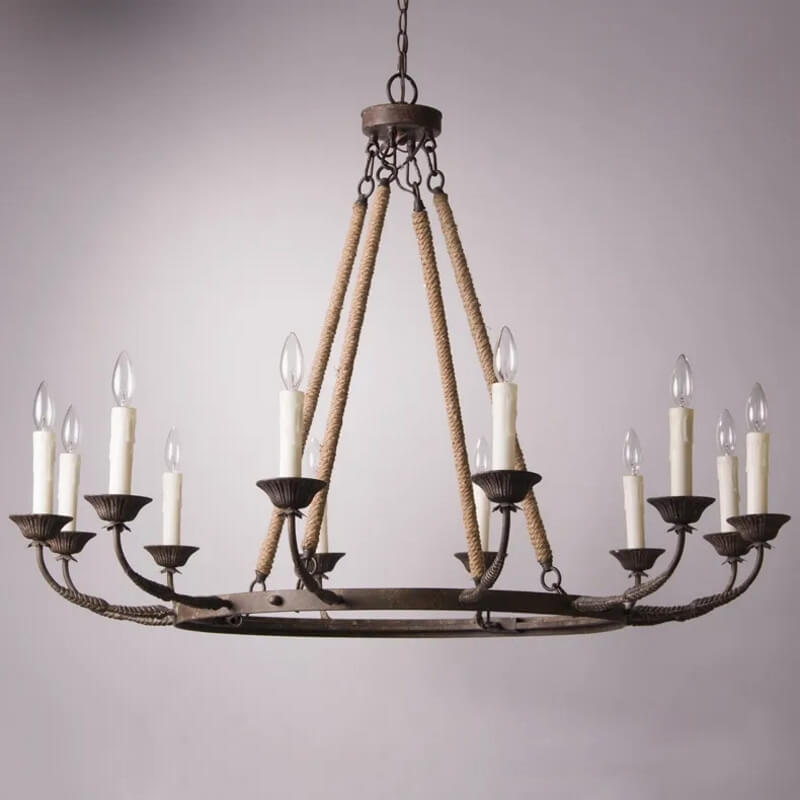 Rustic Metal Candle-Style Chandelier with Hemp Rope and Adjustable Chain