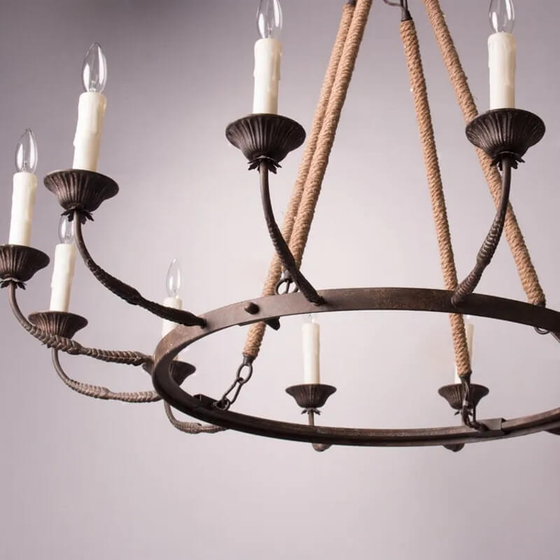 Rustic Metal Candle-Style Chandelier with Hemp Rope and Adjustable Chain
