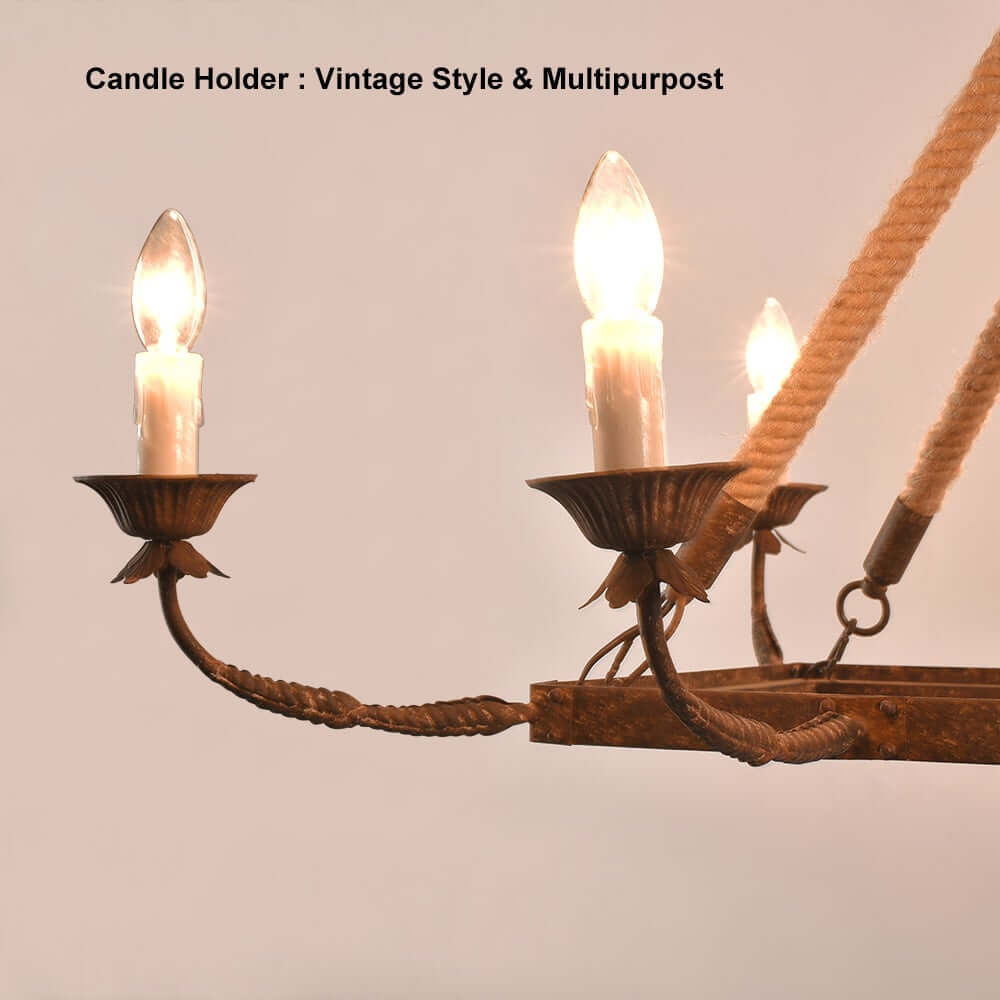 Rustic Metal Candle-Style Chandelier with Hemp Rope and Adjustable Chain