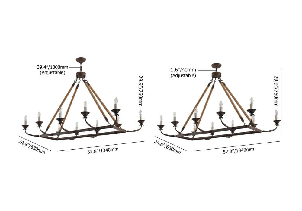 Rustic Metal Candle-Style Chandelier with Hemp Rope and Adjustable Chain