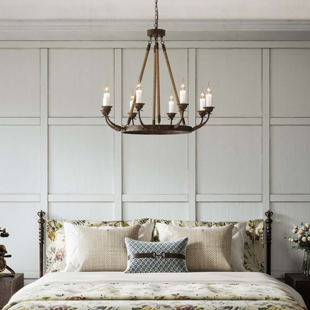 Rustic Metal Candle-Style Chandelier with Hemp Rope and Adjustable Chain