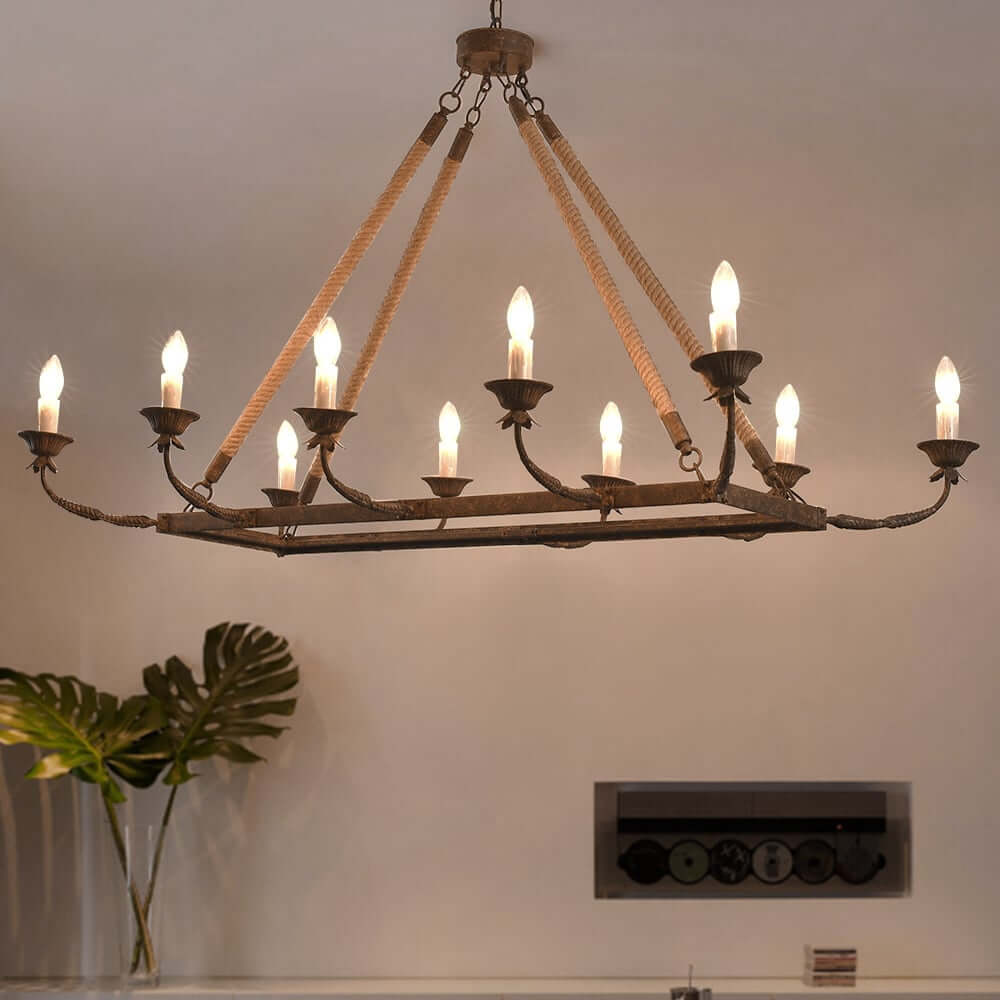 Rustic Metal Candle-Style Chandelier with Hemp Rope and Adjustable Chain