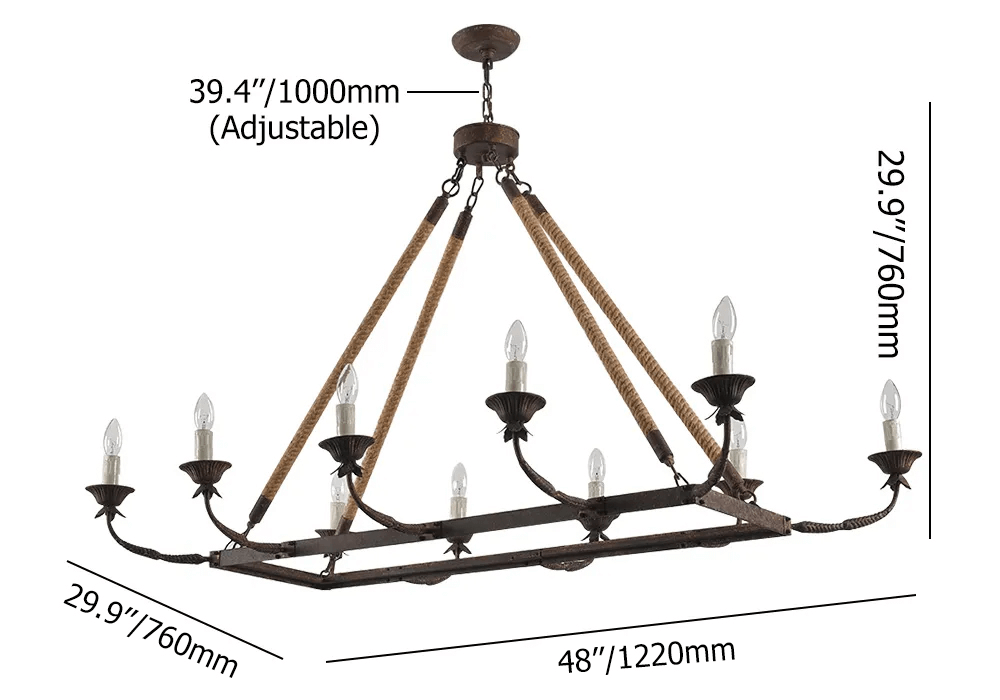 Rustic Metal Candle-Style Chandelier with Hemp Rope and Adjustable Chain Dimensions