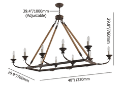 Rustic Metal Candle-Style Chandelier with Hemp Rope and Adjustable Chain Dimensions
