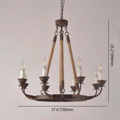 Rustic Metal Candle-Style Chandelier with Hemp Rope and Adjustable Chain Dimensions