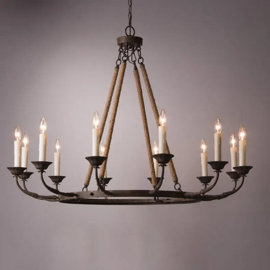 Rustic Metal Candle-Style Chandelier with Hemp Rope and Adjustable Chain Main Product Image