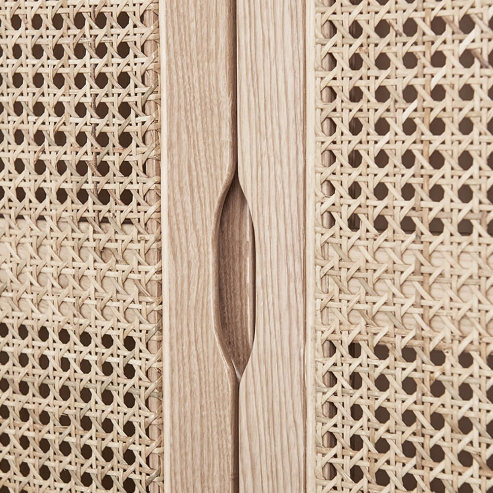 Rustic Natural Ash Wood and Rattan Two-Door Wardrobe with Drawer