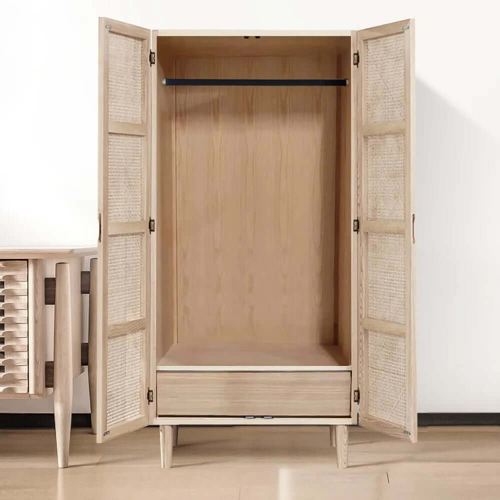 Rustic Natural Ash Wood and Rattan Two-Door Wardrobe with Drawer