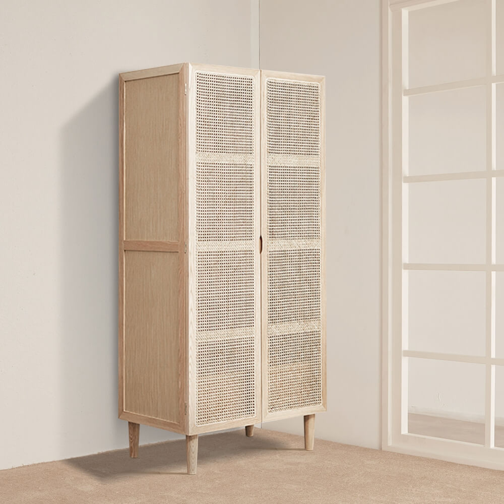 Rustic Natural Ash Wood and Rattan Two-Door Wardrobe with Drawer