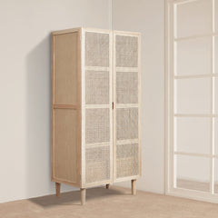 Rustic Natural Ash Wood and Rattan Two-Door Wardrobe with Drawer
