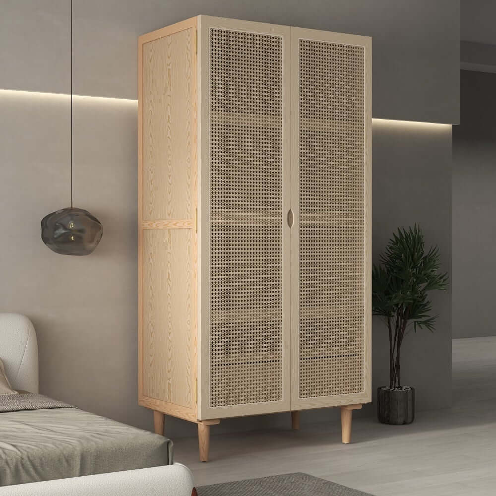 Rustic Natural Ash Wood and Rattan Two-Door Wardrobe with Drawer