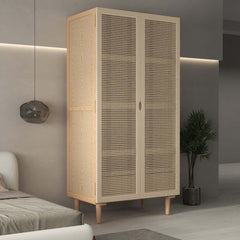 Rustic Natural Ash Wood and Rattan Two-Door Wardrobe with Drawer