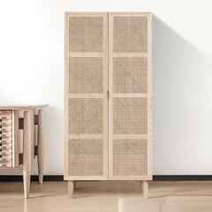 Rustic Natural Ash Wood and Rattan Two-Door Wardrobe with Drawer