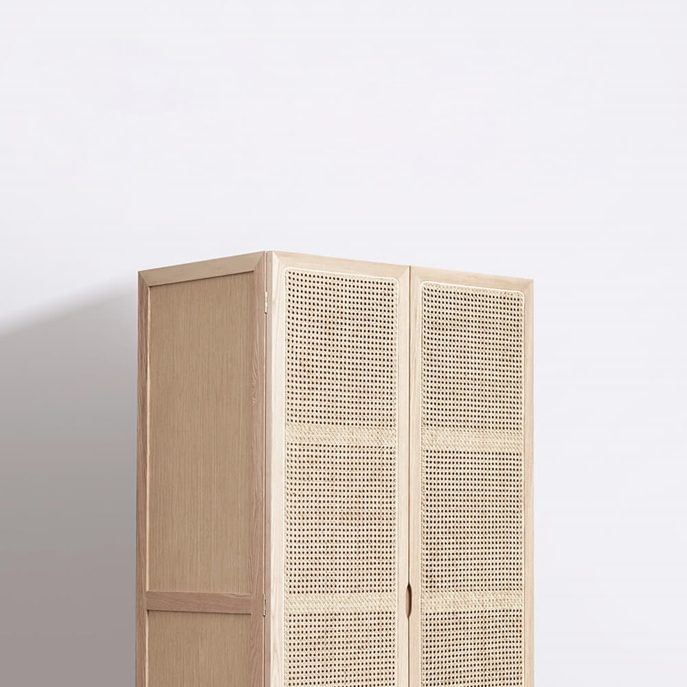 Rustic Natural Ash Wood and Rattan Two-Door Wardrobe with Drawer