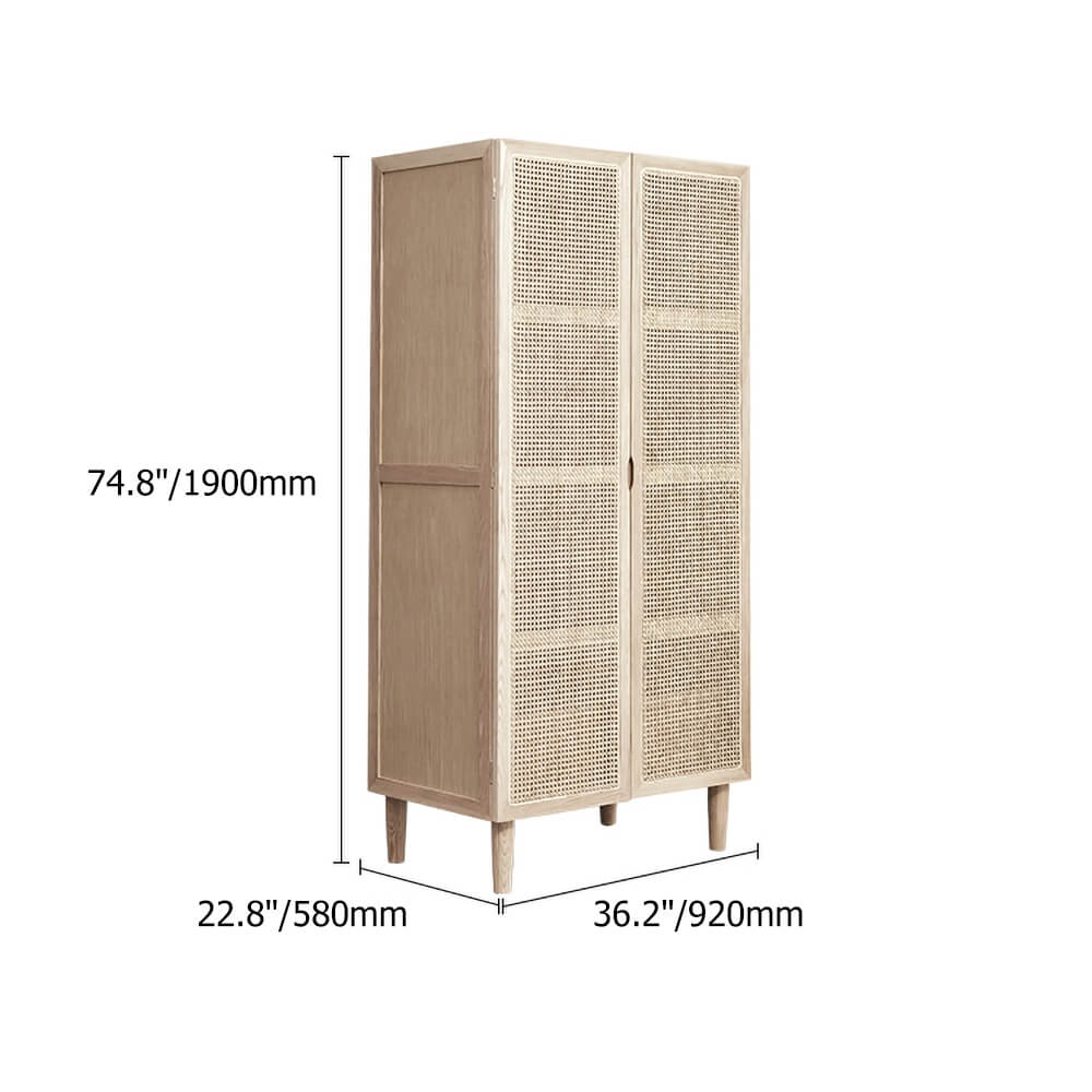 Rustic Natural Ash Wood and Rattan Two-Door Wardrobe with Drawer Dimensions