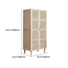 Rustic Natural Ash Wood and Rattan Two-Door Wardrobe with Drawer Dimensions