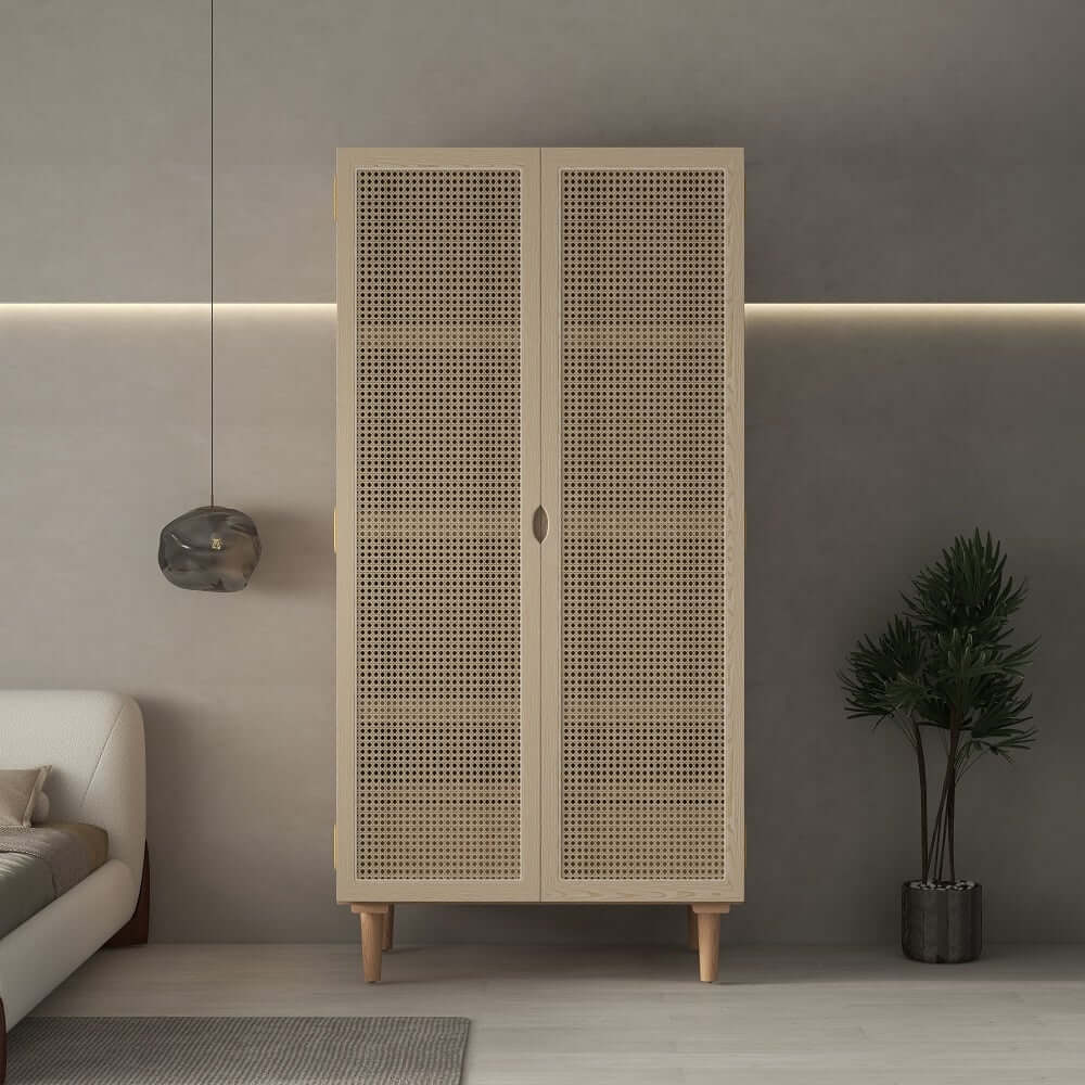 Rustic Natural Ash Wood and Rattan Two-Door Wardrobe with Drawer Main Product Image