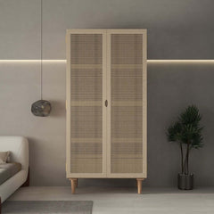 Rustic Natural Ash Wood and Rattan Two-Door Wardrobe with Drawer Main Product Image