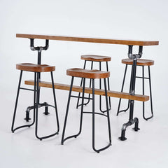 Rustic Pine Wood Bar Set With Metal Base And Shelf