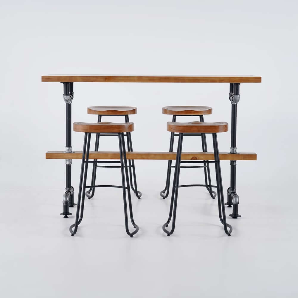 Rustic Pine Wood Bar Set With Metal Base And Shelf