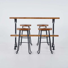 Rustic Pine Wood Bar Set With Metal Base And Shelf