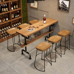 Rustic Pine Wood Bar Set With Metal Base And Shelf