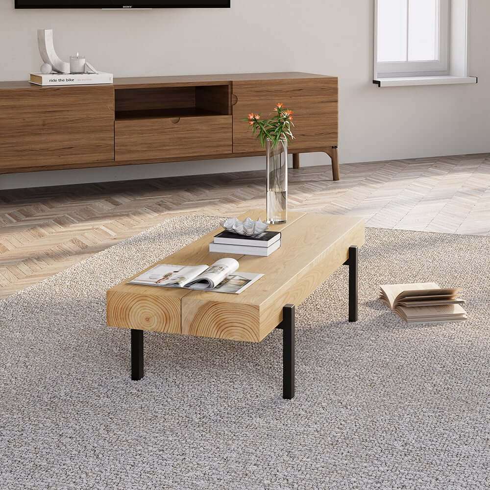 Rustic Pine Wood Coffee Table With Metal Legs
