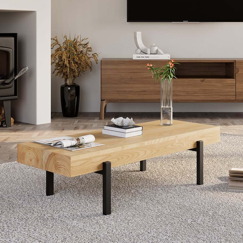 Rustic Pine Wood Coffee Table With Metal Legs