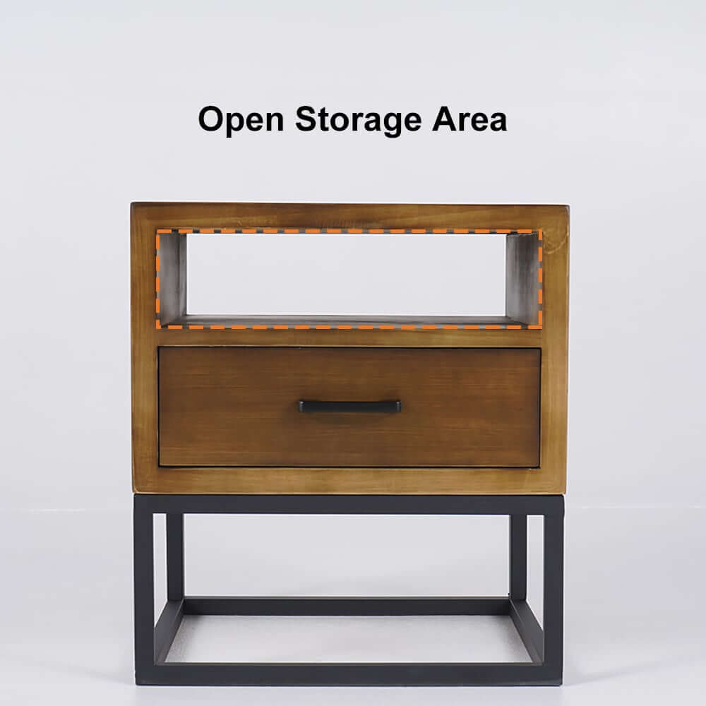 Rustic Pine Wood Nightstand With Drawer And Open Storage