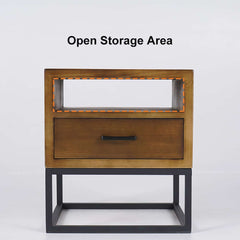 Rustic Pine Wood Nightstand With Drawer And Open Storage