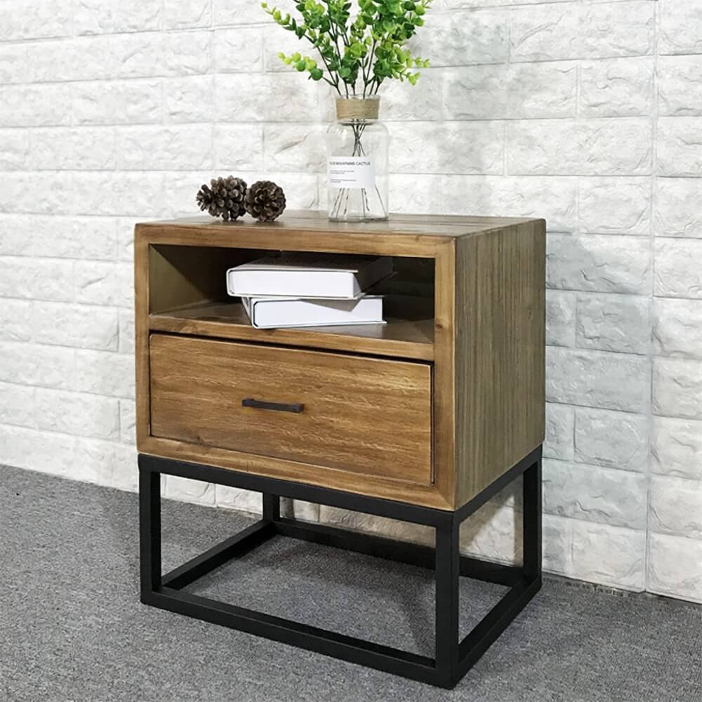 Rustic Pine Wood Nightstand With Drawer And Open Storage