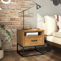 Rustic Pine Wood Nightstand With Drawer And Open Storage
