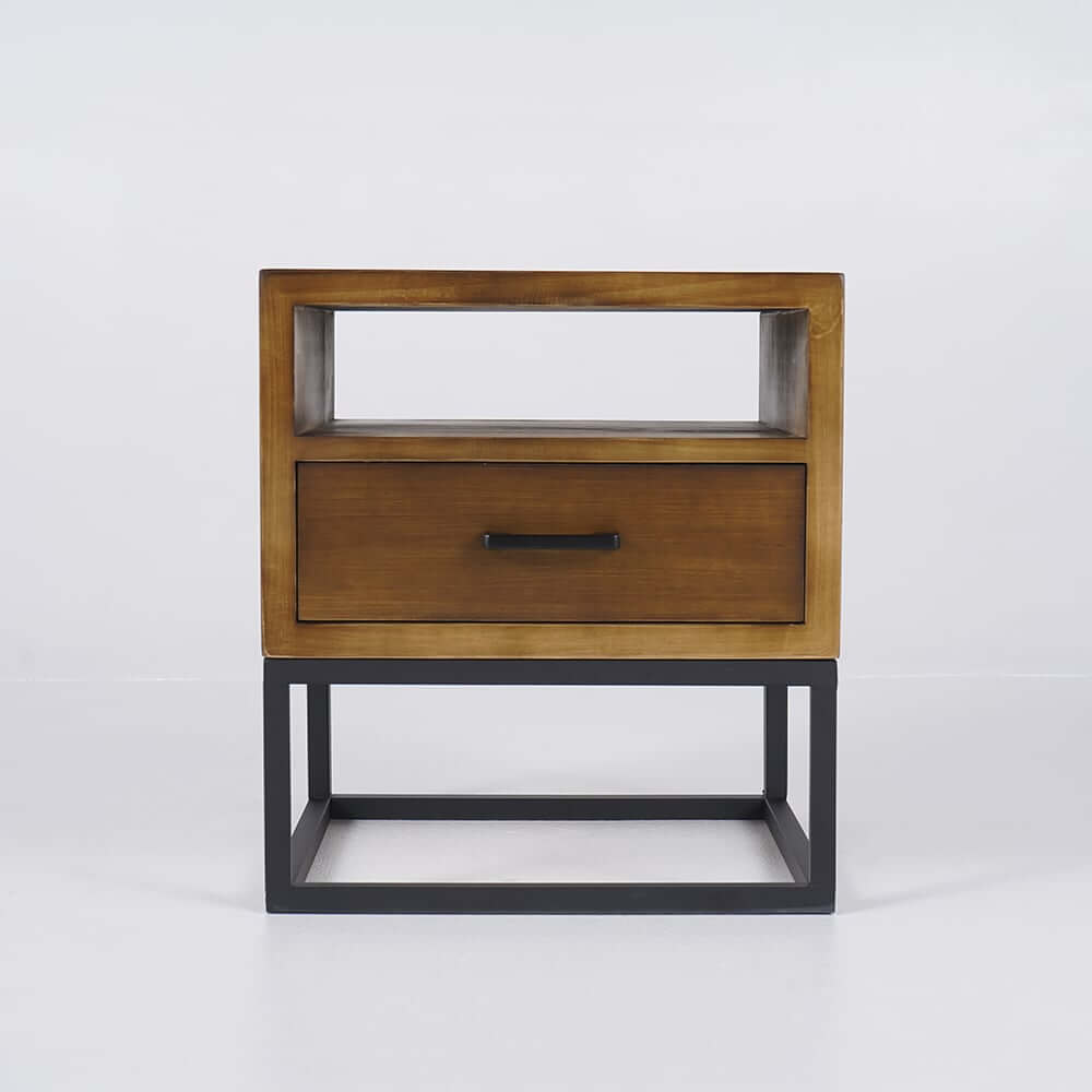 Rustic Pine Wood Nightstand With Drawer And Open Storage