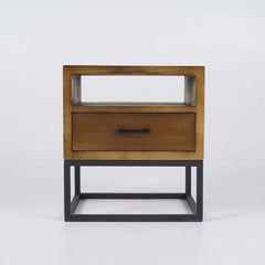 Rustic Pine Wood Nightstand With Drawer And Open Storage