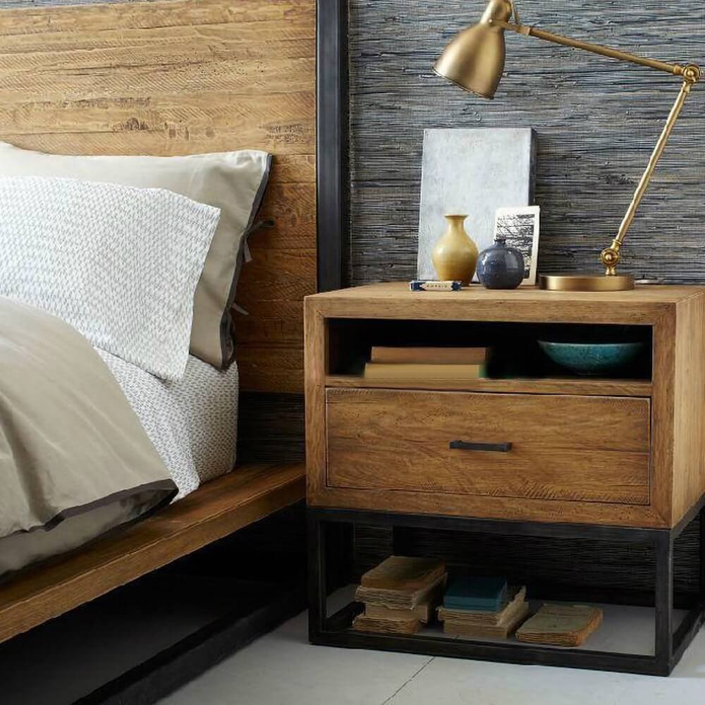 Rustic Pine Wood Nightstand With Drawer And Open Storage Main Product Image
