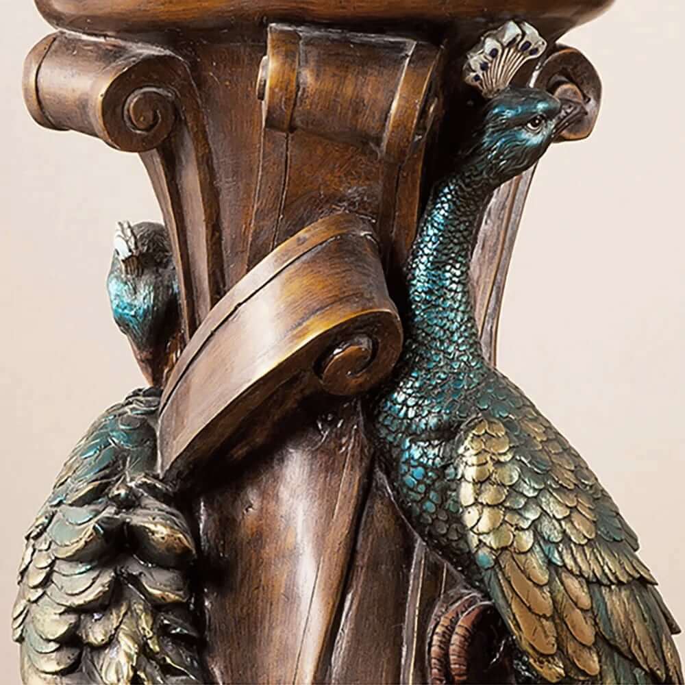Rustic Resin Round Pedestal Plant Stand with Peacock Design