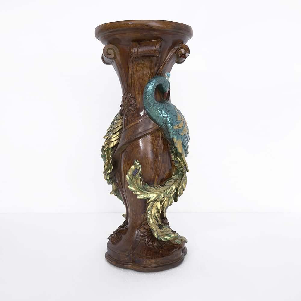 Rustic Resin Round Pedestal Plant Stand with Peacock Design