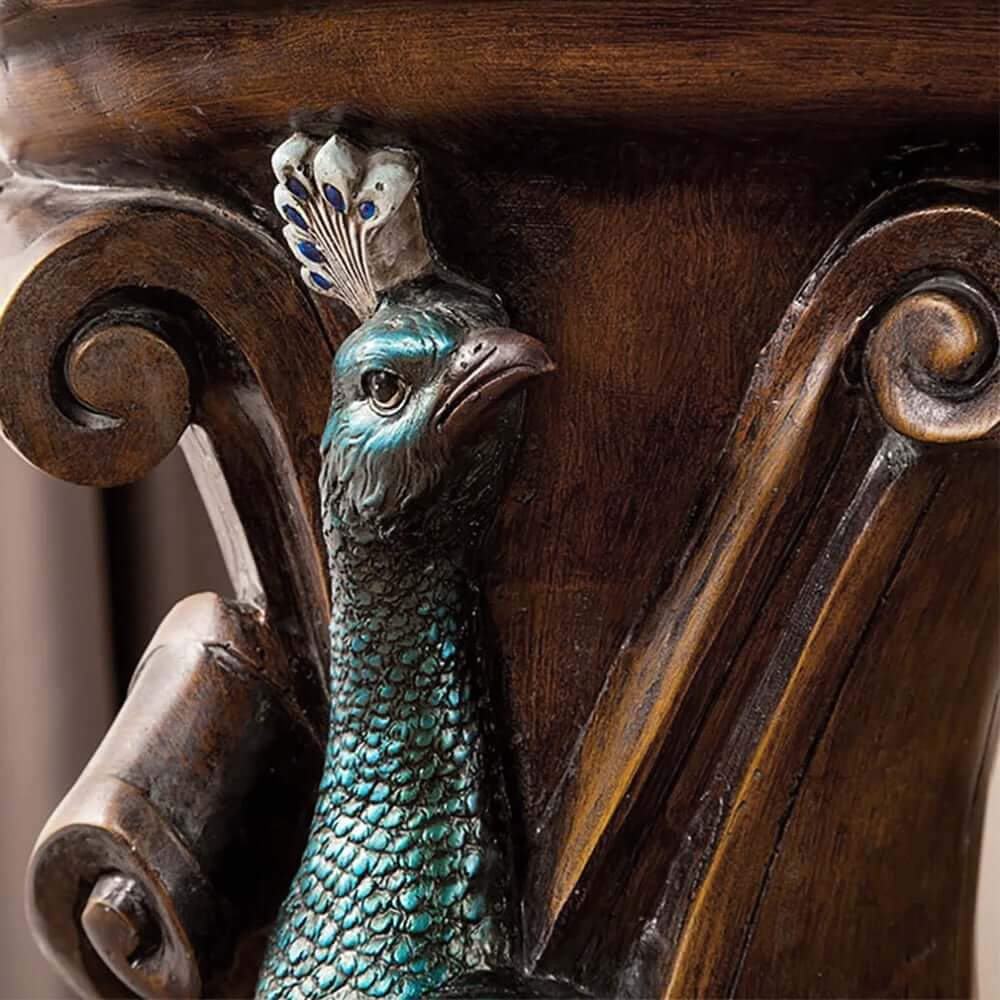 Rustic Resin Round Pedestal Plant Stand with Peacock Design