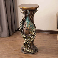 Rustic Resin Round Pedestal Plant Stand with Peacock Design