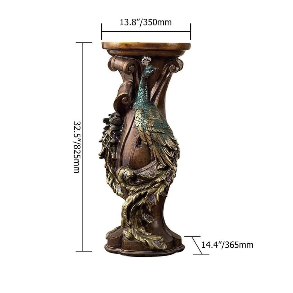 Rustic Resin Round Pedestal Plant Stand with Peacock Design Dimensions