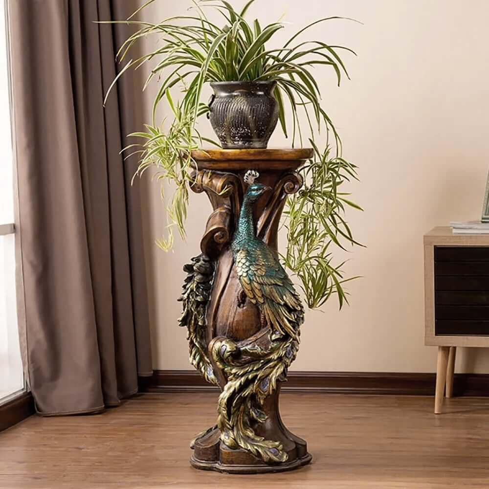 Rustic Resin Round Pedestal Plant Stand with Peacock Design Main Product Image